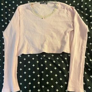 Brandy Melville waffle pink lace thermal long sleeve crop top with rose